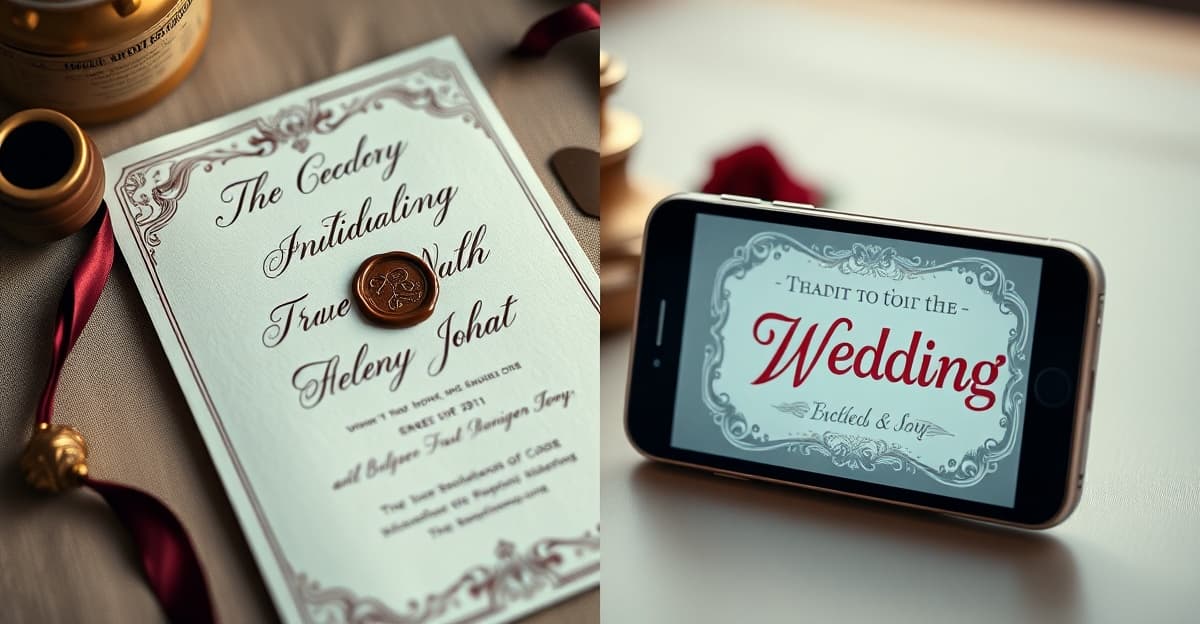 Digital wedding invitation on a smartphone next to paper invitations