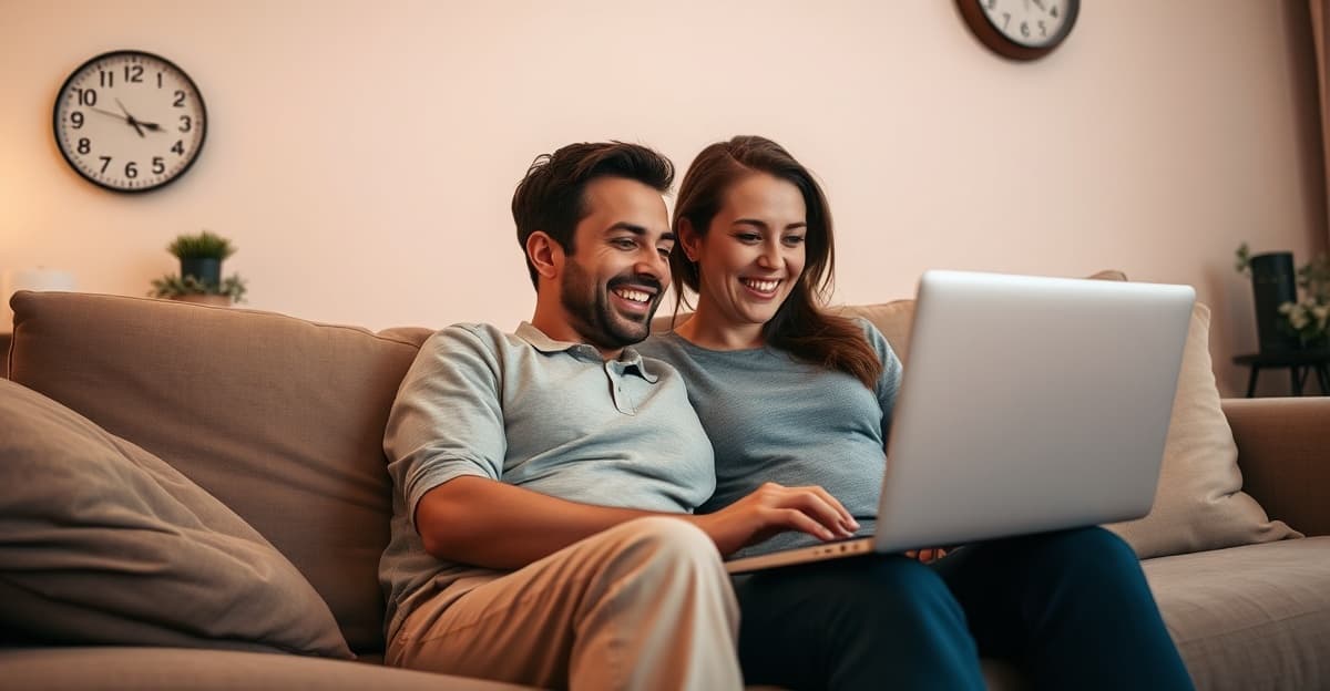 Couple creating a wedding invitation quickly on a laptop