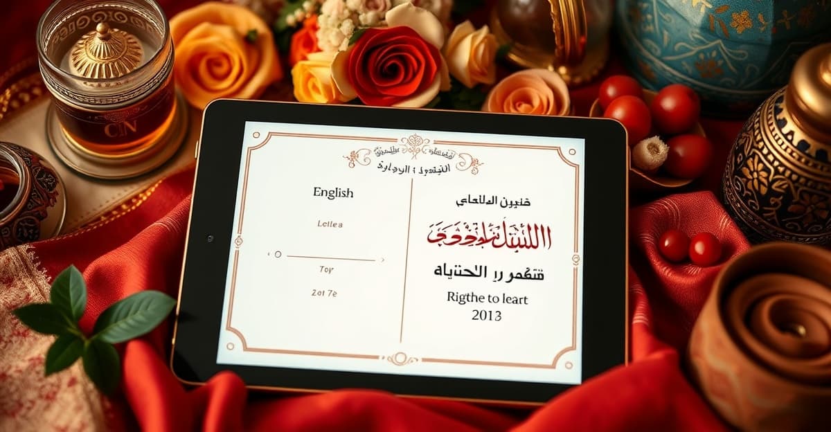 Wedding invitation showing language toggle between English and Arabic