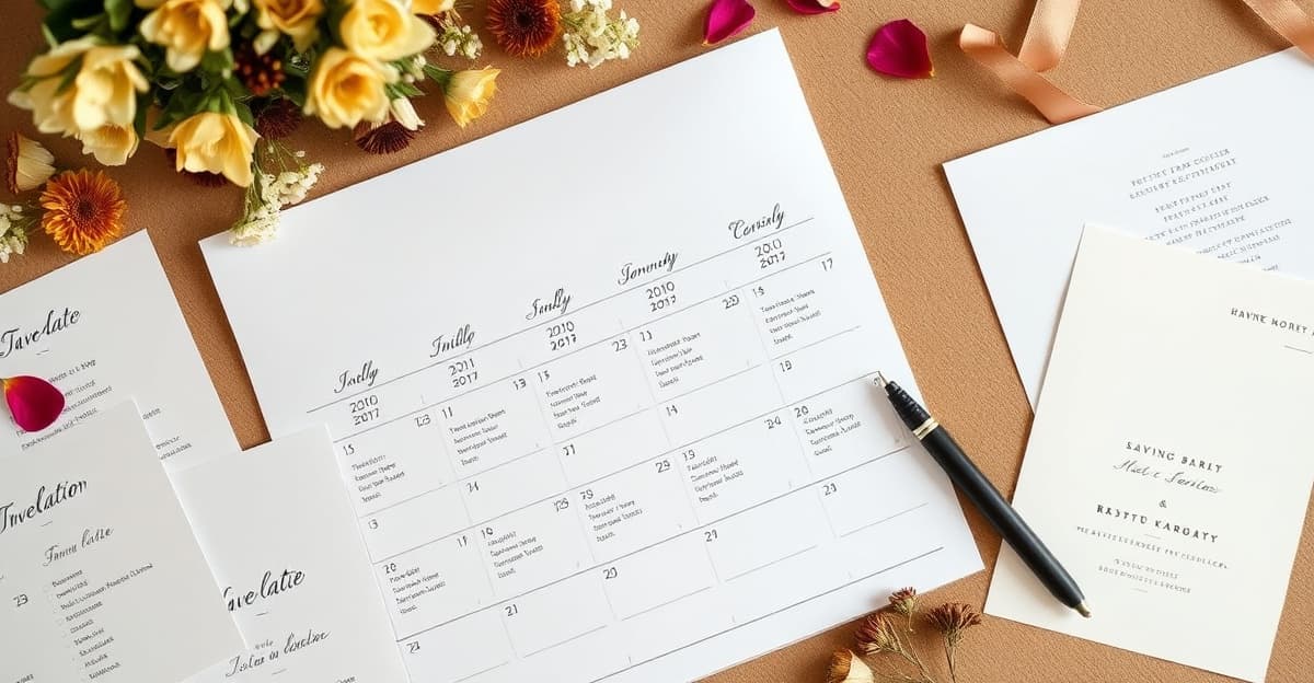 Wedding planning timeline calendar with invitation milestones