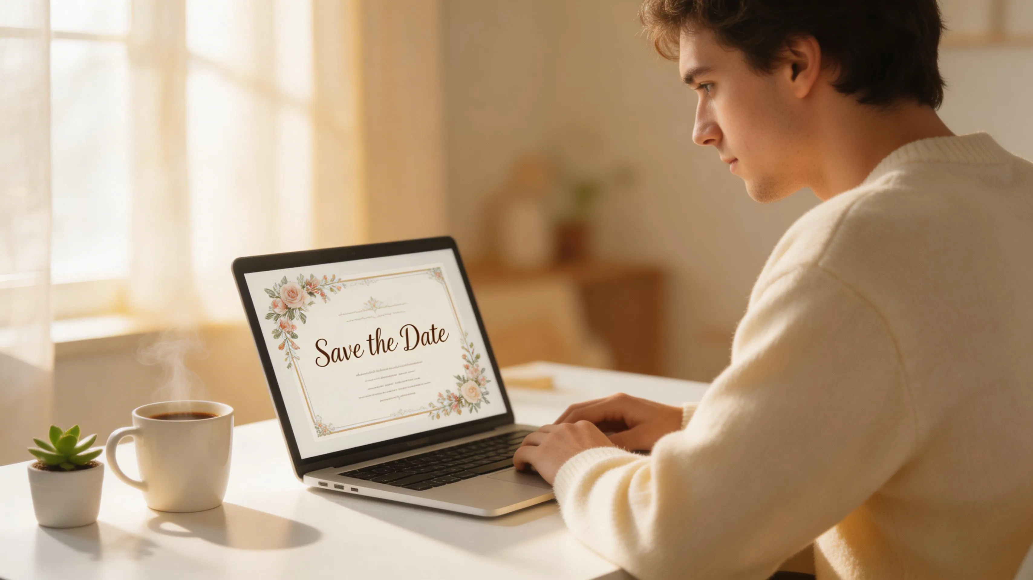 Person designing a wedding invitation on a laptop in a cozy home office