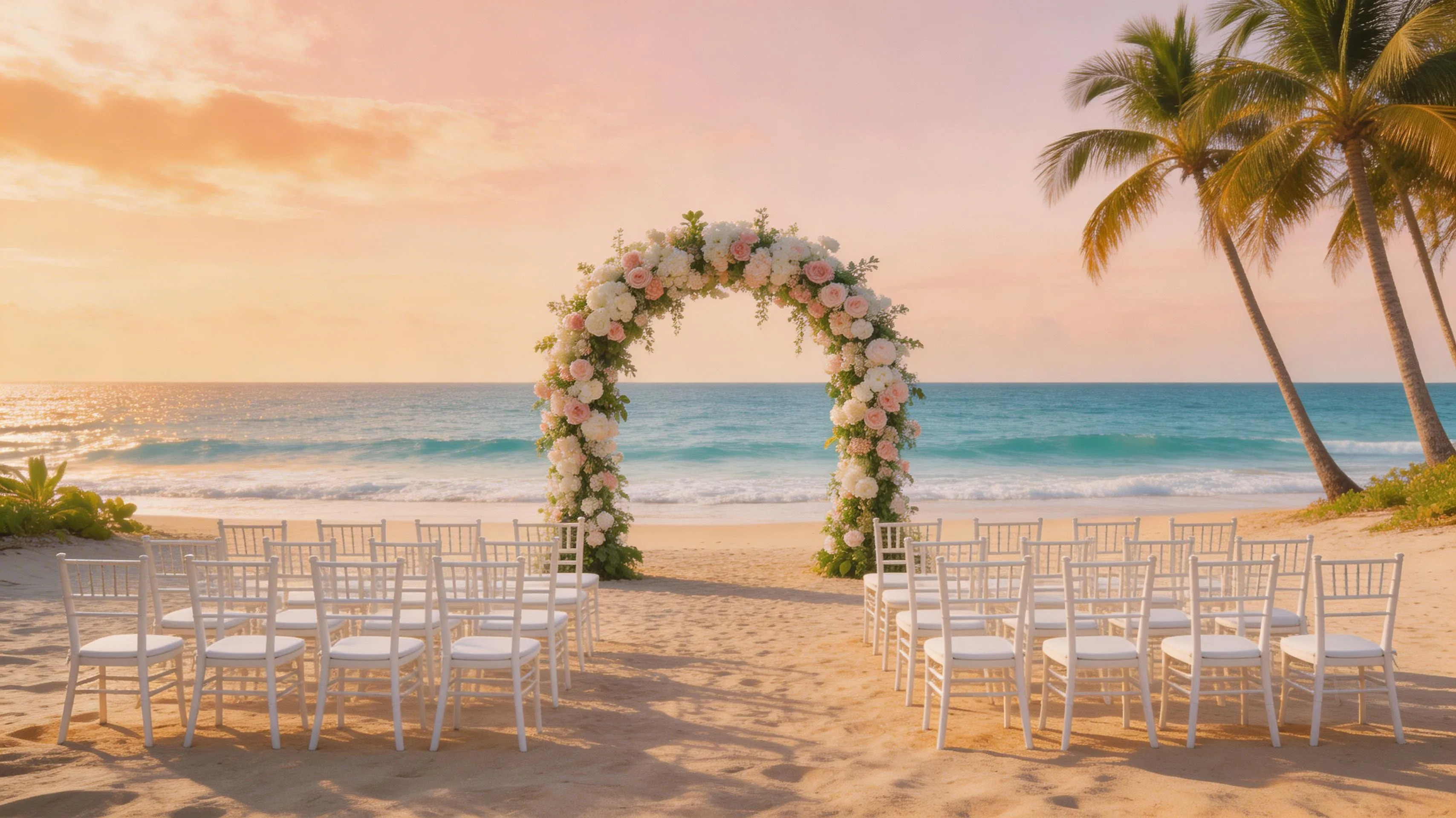 Beautiful destination wedding setup on a tropical beach at golden hour with floral arch