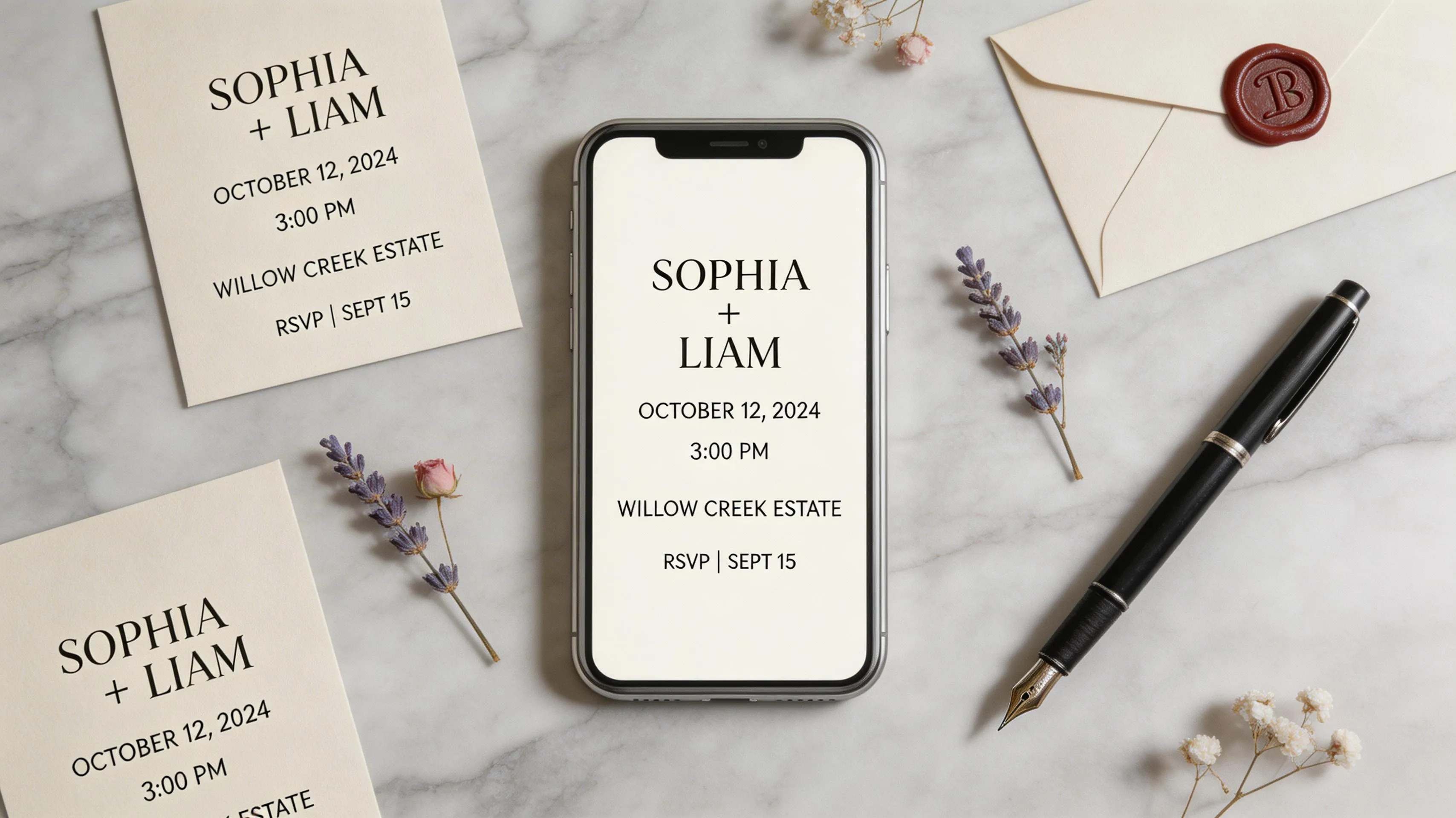 Digital wedding invitation on smartphone screen next to traditional paper invitation cards with calligraphy