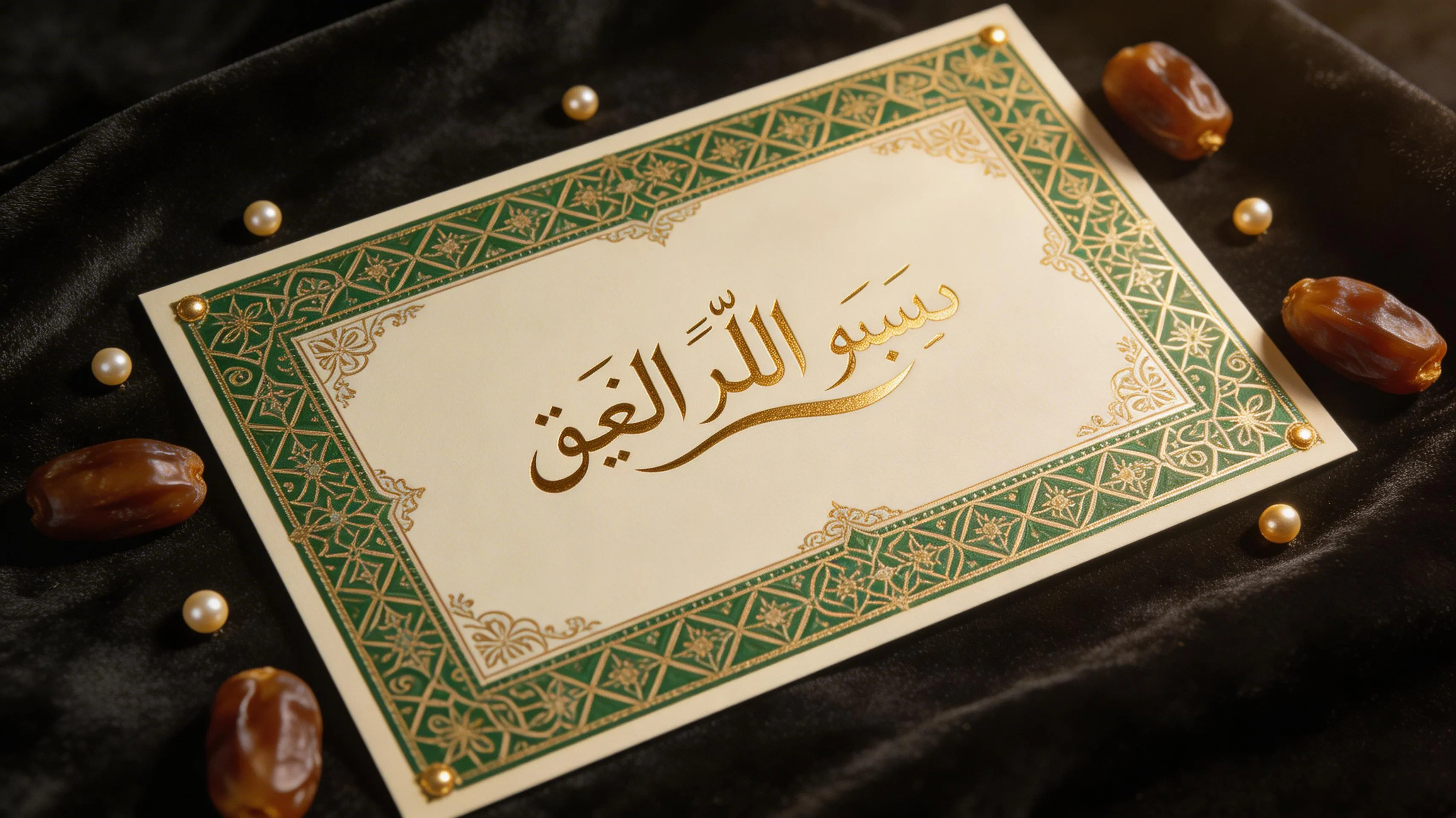 Islamic wedding invitation card with intricate arabesque patterns and Arabic calligraphy on dark velvet