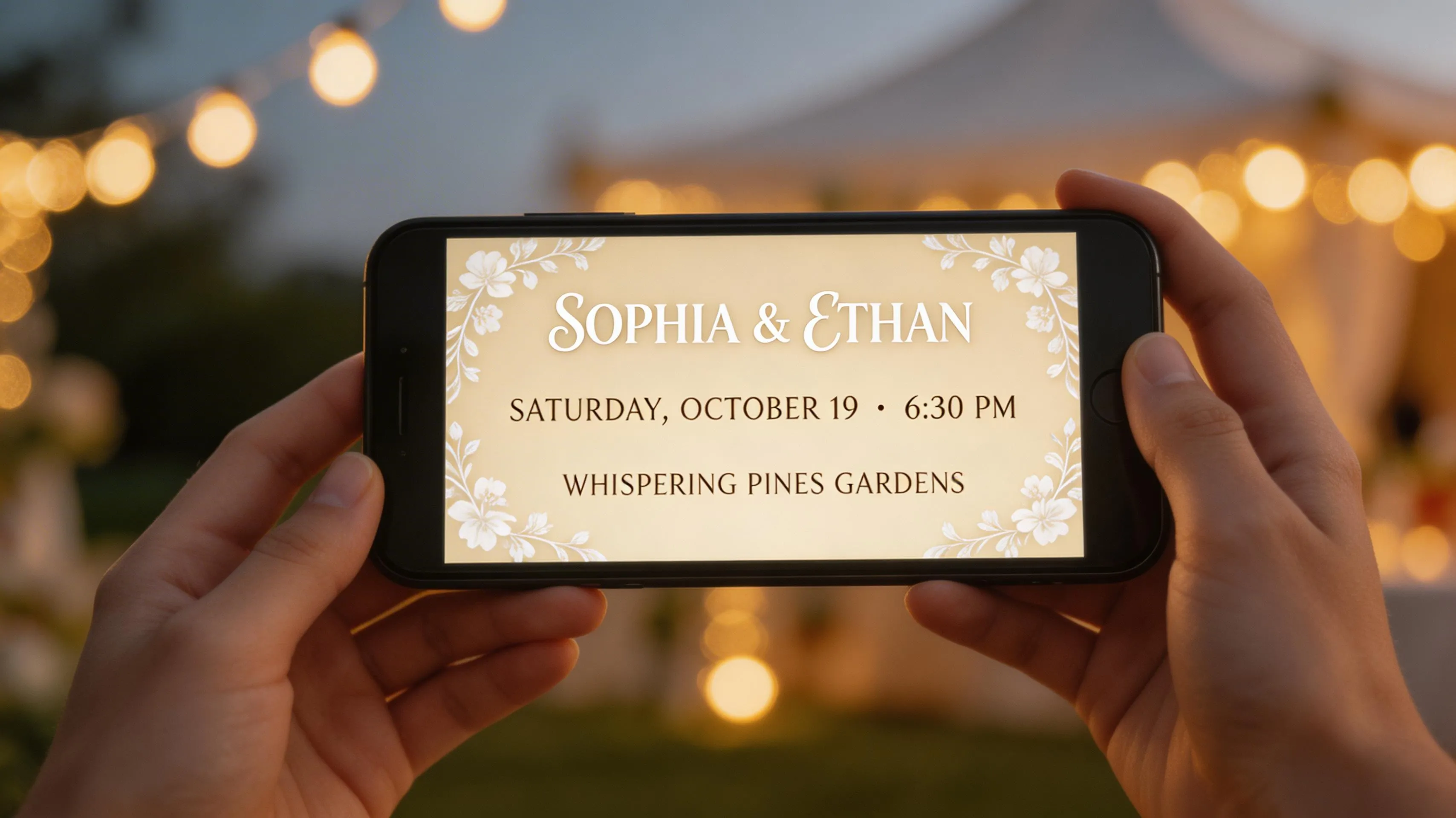 Hands holding a smartphone displaying a wedding invitation with fairy lights in the background
