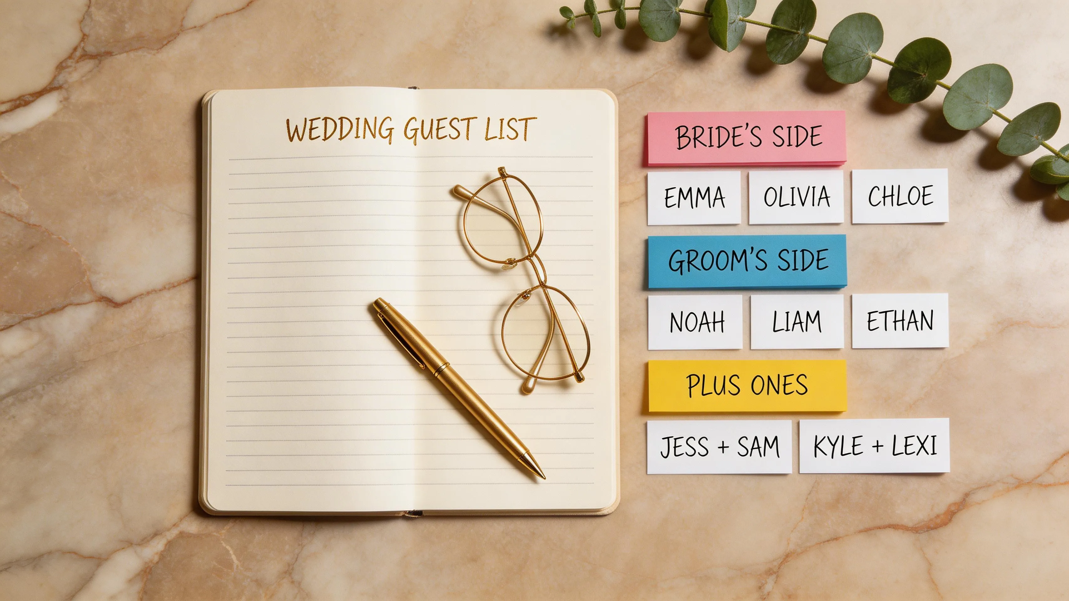 Wedding guest list planning with notebook and color-coded name cards on marble surface