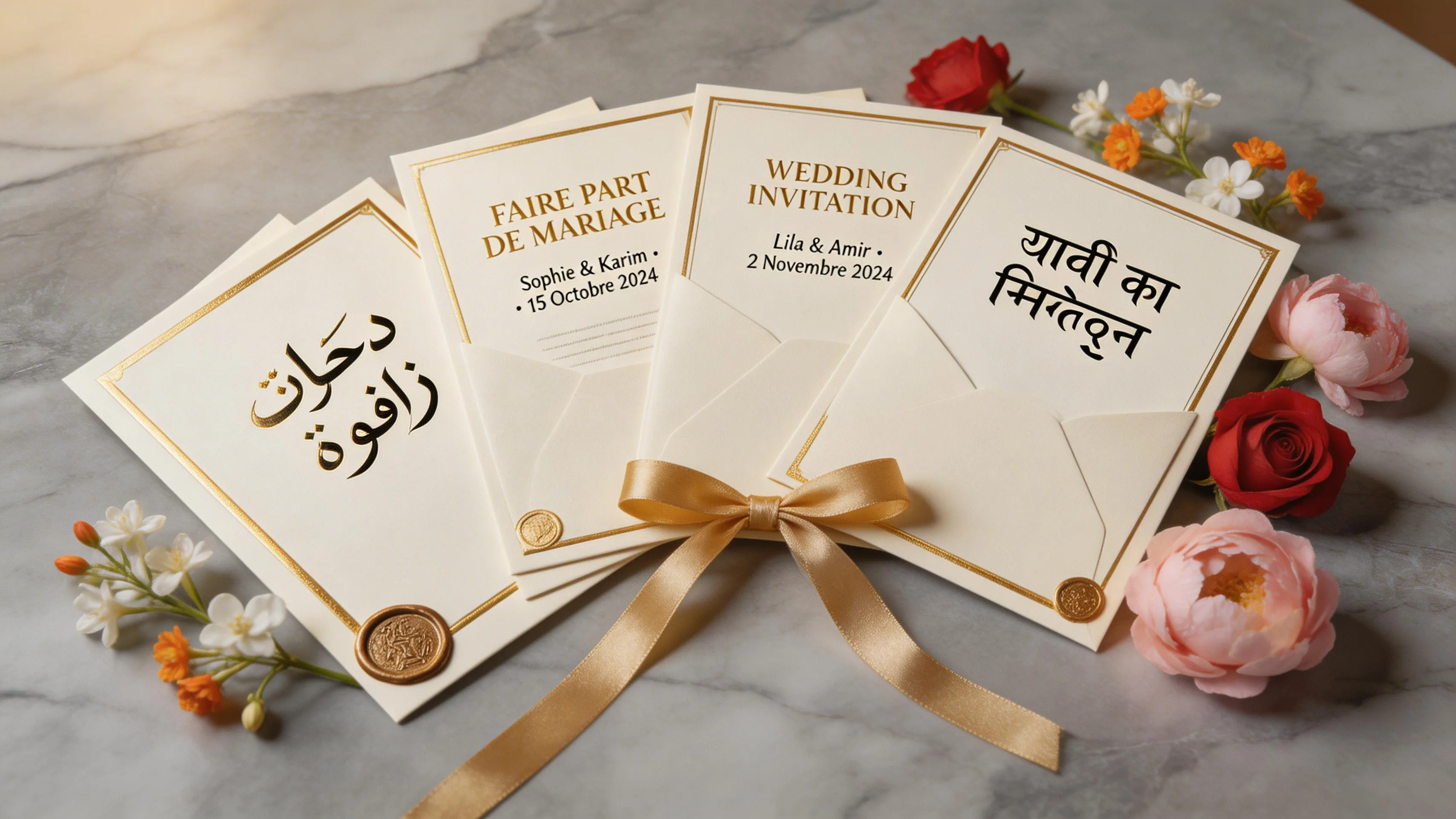 Multilingual wedding invitation cards showing text in Arabic, French, and English with cultural flowers