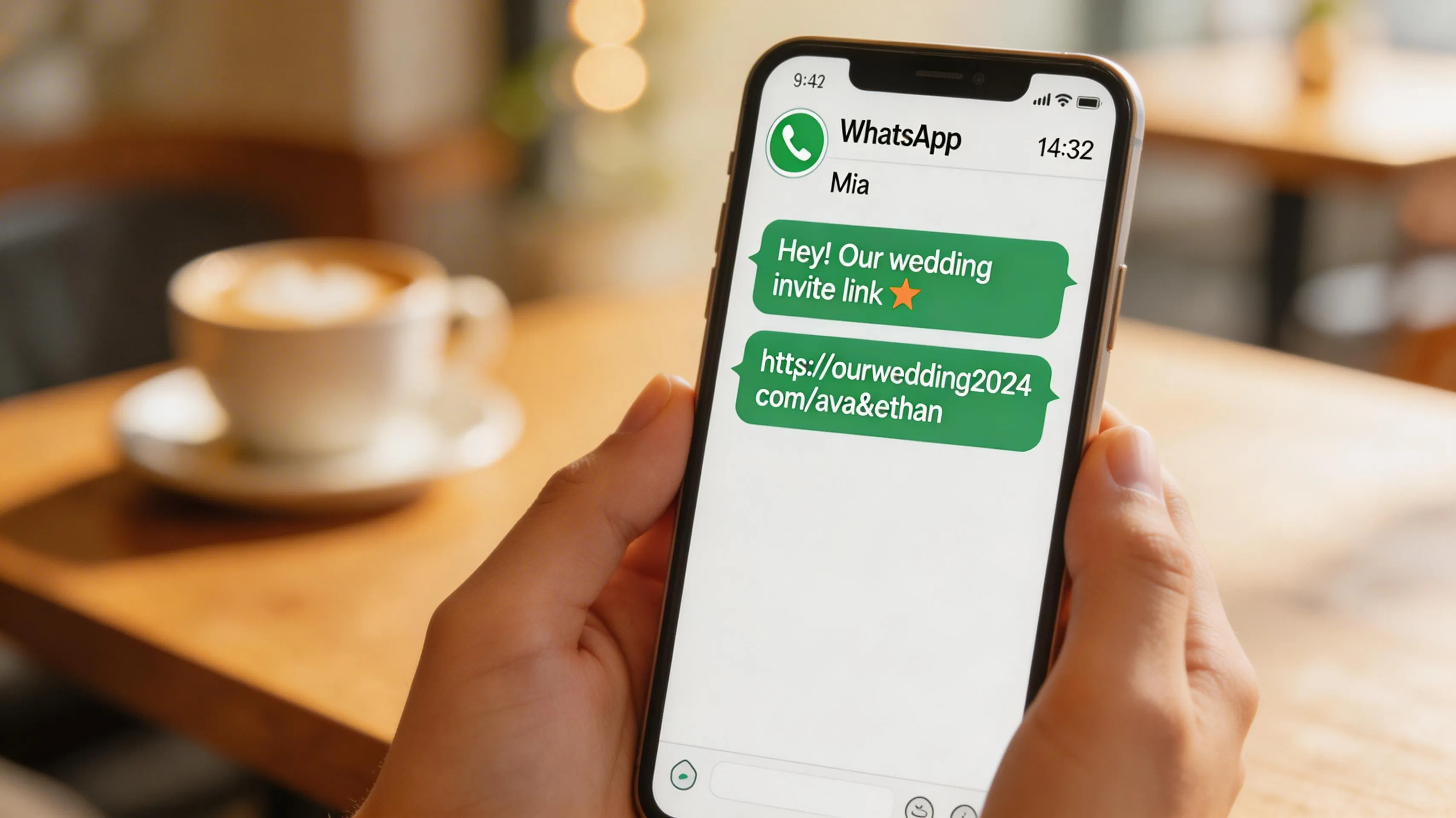 Person sharing a wedding invitation link via WhatsApp on their smartphone