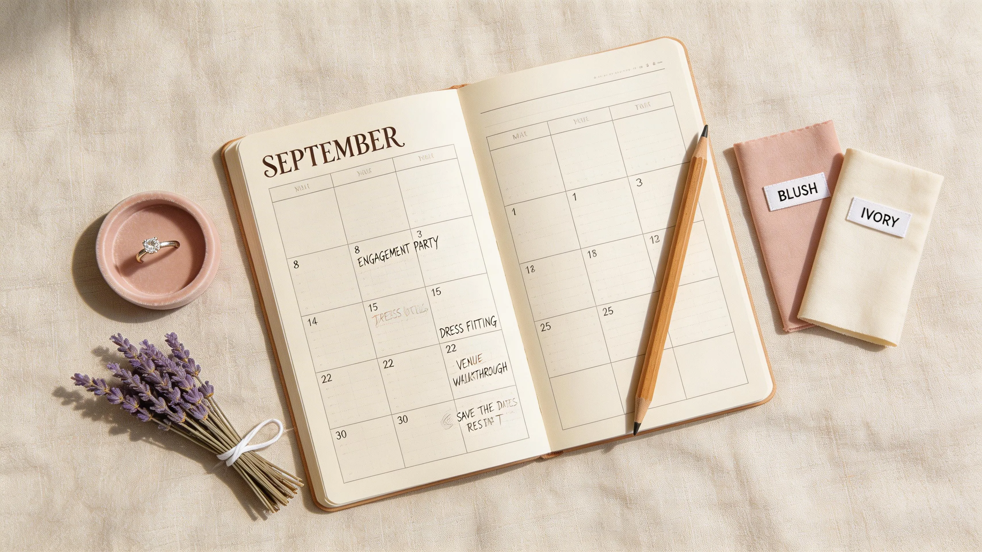 Wedding planning timeline with monthly planner, dried lavender, and fabric swatches