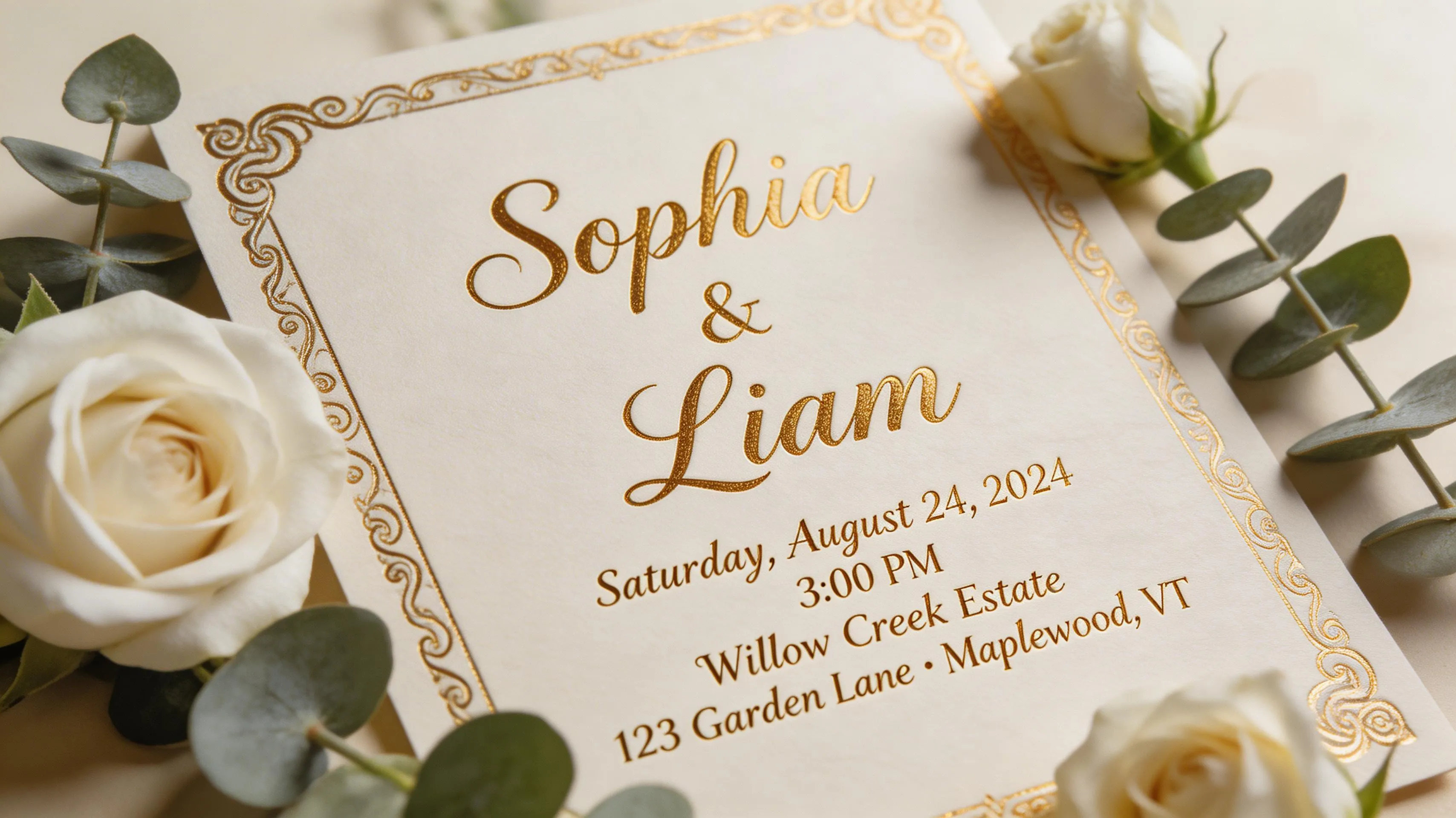 Elegant wedding invitation with beautiful calligraphy on cream textured paper surrounded by white roses