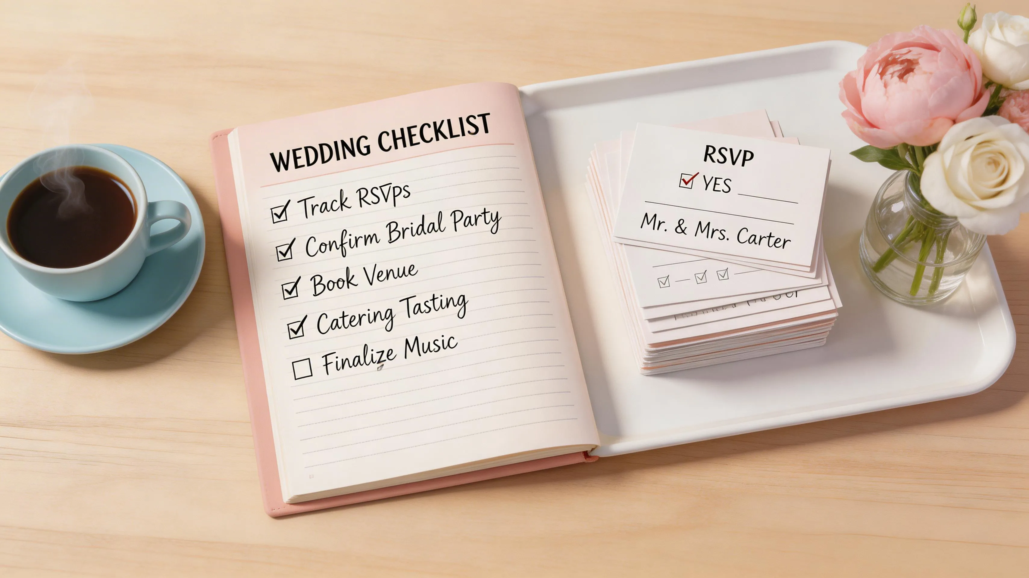 Wedding RSVP response cards organized on a planning desk with checklist and flowers